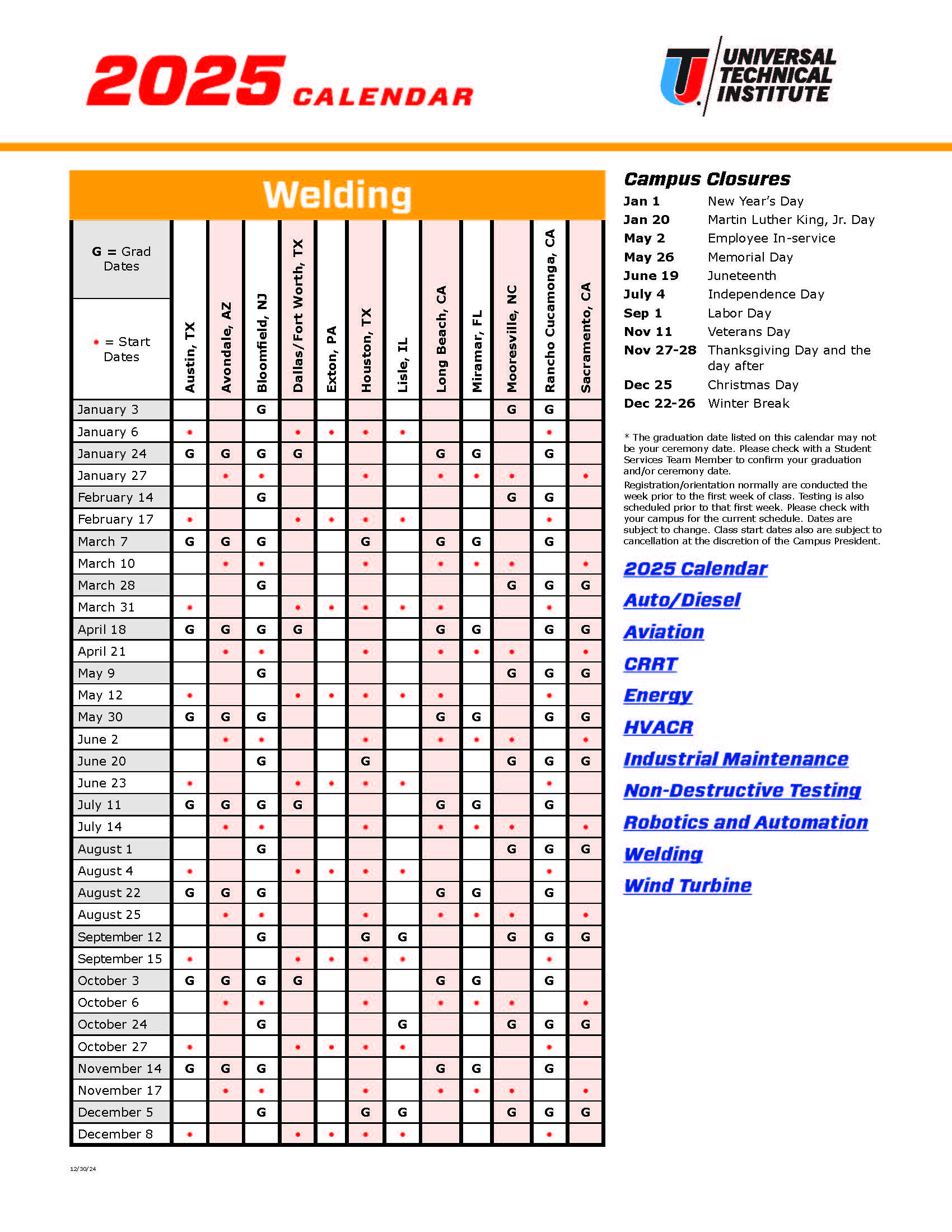 Course Calendar Welding 2025 Universal Technical Institute